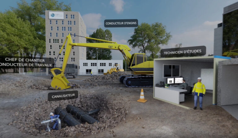 Scène 3D d'un chantier avec des personnage des engin et du textes représentant des métiers du bâtiments