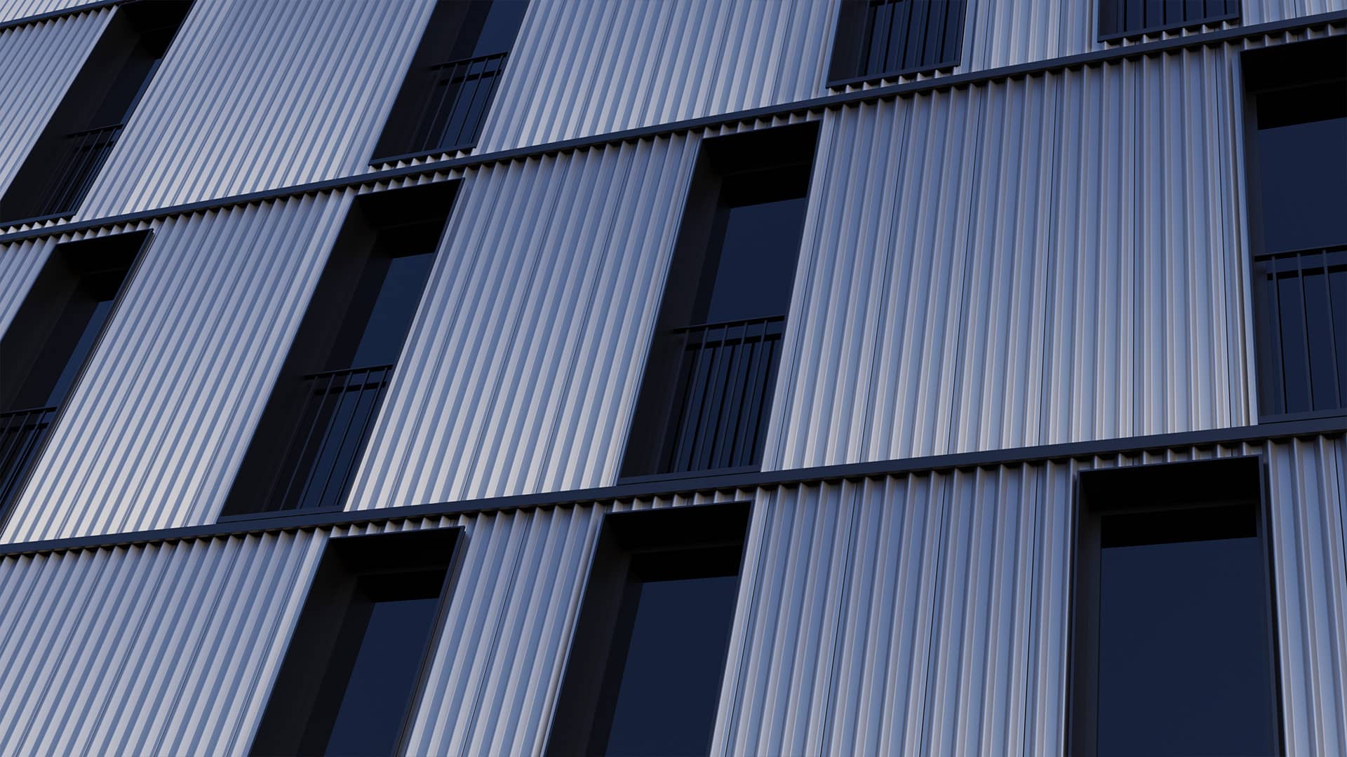 Vue 3D d'une façade ultra moderne avec un bardage métallique ondulé et des ouverture verticale