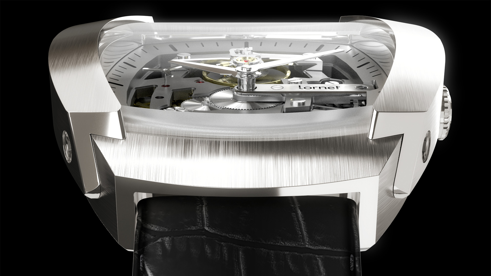 vue 3D en contre plongé d'une montre de haute horlogerie avec de noble matériaux aussi réaliste qu'une photo, marque Lornet