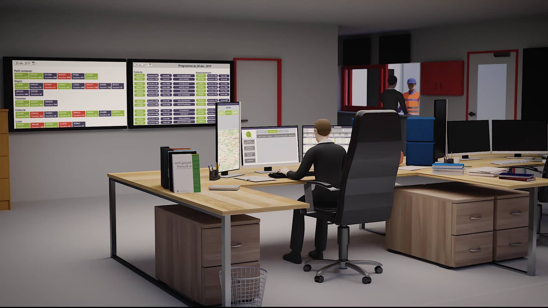 Scène 3D d'un bureau de contrôle avec plusieurs écrans au mur et sur un bureau. on voit une personne a son poste informatique et deux personne discuter plus loin dans la pièce