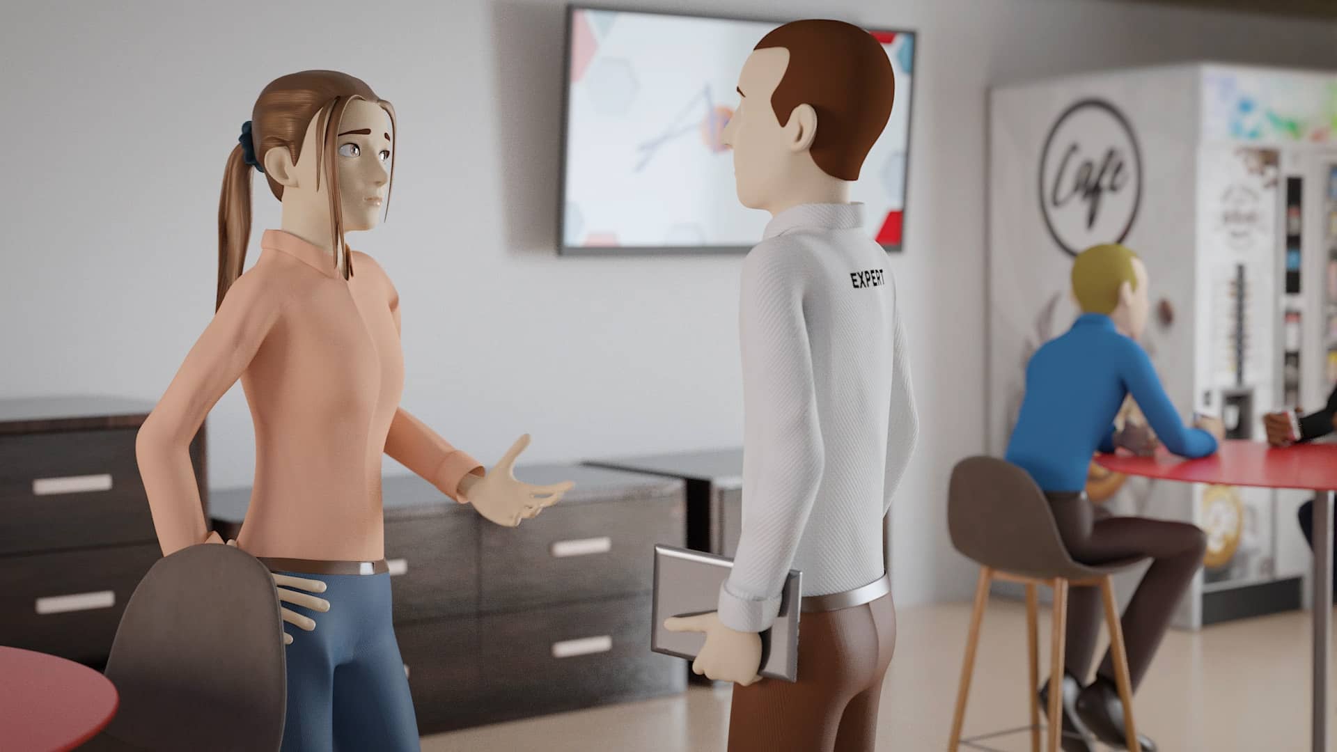 Scène 3D, deux personnage se parle dans une salle d'accueil professionnel une femme explique quelque chose à un homme en polo blanc sur lequel est écrit expert et qui tiens une tablette dans sa main